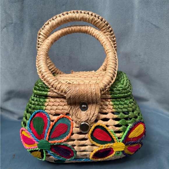 Handbags - Woven Handbag with Colorful Butterfly Design